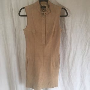 .Bebe.Suede Leather Sleeveless Mini Dress in Camel